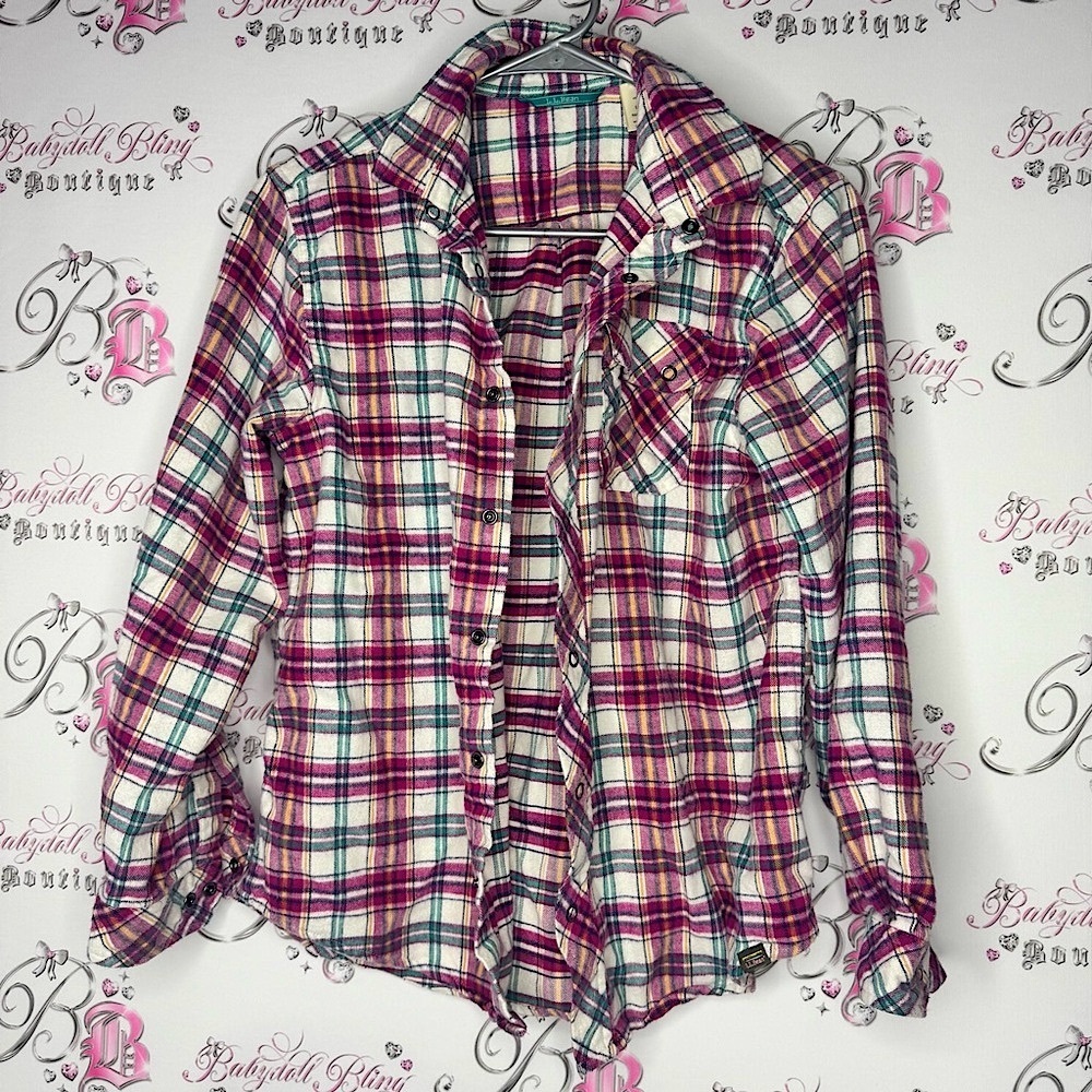 L.l bean Plaid Button-Up Shirt pink blue orange white soft cottage outdoors